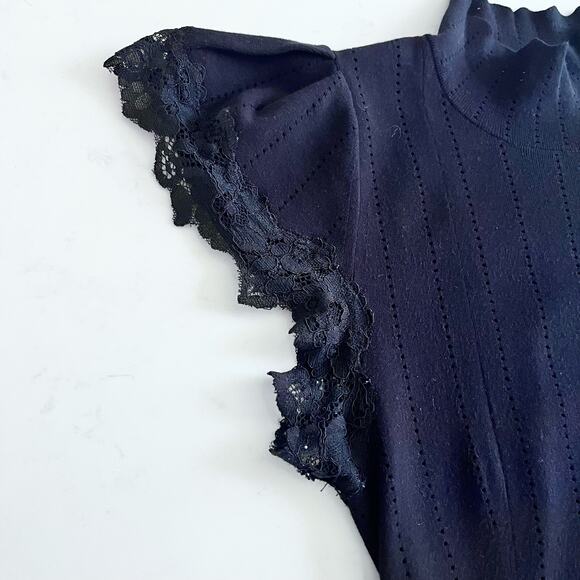 Rebecca Taylor Black Pointelle Knit Lace Trim Mock Neck Sweater Dress Size M - Picture 8 of 13